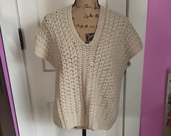 Vintage 1980's 1990's Sweater Vest Hand Knit/Crochet Beige In Color