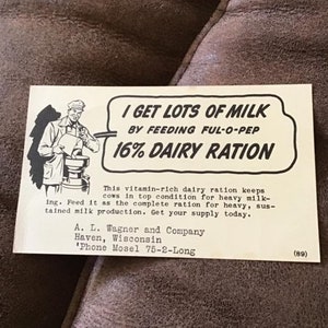 Vintage 1940's Carte postale 'FUL-O-PEP ' Ration laitière pour les vaches De la publicité a un timbre de 1 Cent Collectible Haven Wisconsin