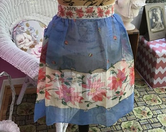 Vintage 1940s 1950s Apron Light Blue With Floral Sheer Organza Blend Two Front Pockets Kitchen Collectible Memorabilia