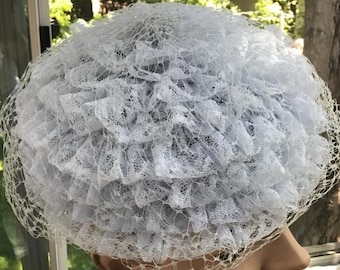 Vintage 1960s Hat Swirls And Layers Of Light Blue Lace With Veiling Pill Box Shape