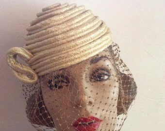 Vintage 1950s Hat Gold Lame Coil With Metallic Veil Unique