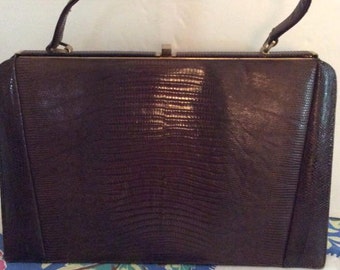 Vintage 1950s Handbag Purse Genuine Leather Reptile Embossed Escort Bag Label