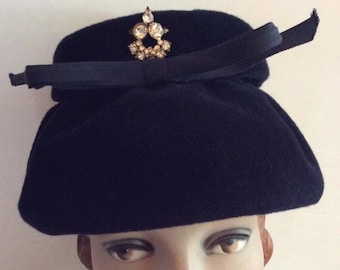 Vintage 1950s Hat Black Velour Bucket Rhinestones