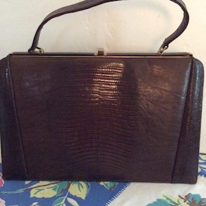 Vintage 1950s Handbag Purse Genuine Leather Reptile Embossed Escort Bag Label image 1