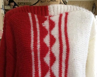 Vintage 1980s Sweater Red White Pullover Op Art Mirrored Design Oversized OS Knit