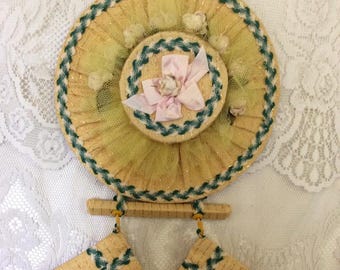 Vintage 1930s 1940s Display Novelty Hat Wall Hanging Hot Pad Holder Yellow Green Hand Made Art Craft Comes With 2 Matching Hot Pads