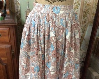 Vintage 1950s Skirt Textured Cotton Blend Tan & Light Blue