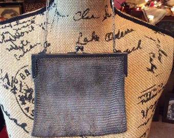 Vintage Edwardian 1920s Handbag German Silver Soldered Mesh Handbag Signed German Silver Dark Pewter COLOR