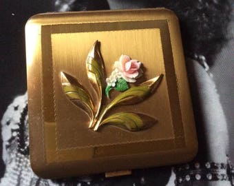 Vintage 1940s 1950s maquillage Compact Dorset-Rex Fifth Avenue Rose Rose en plastique sur le couvercle à collectionner