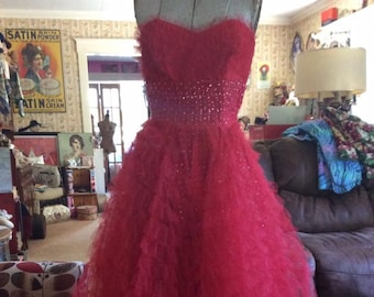 Vintage 1950s Dress TRUE RED Tulle Satin Silver Color Glitter Cupcake Style Prom Graduation Valentines Day Wedding