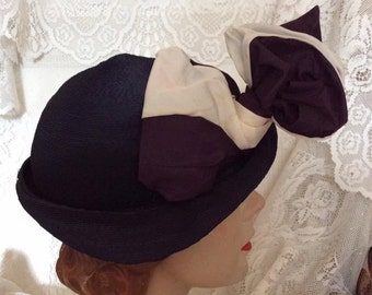 Vintage 1940s 1950s Hat By FERNCROFT Dark Blue Straw With Adornment