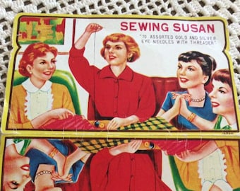 Agulhas de costura vintage dos anos 1960 em pasta de papel costura susan colecionável suprimentos de artesanato