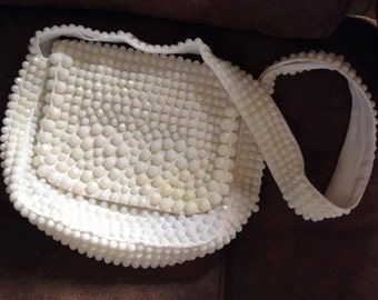 Vintage 1960s 1970s Handbag Purse Shoulder Bag Designed By Roger Von S White Plastic Beads Made In Hong Kong