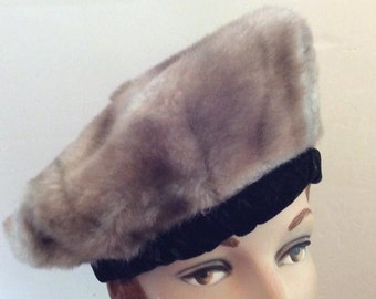 Vintage 1960s Hat Beret Tam Faux Fake Fur With Black Velvet