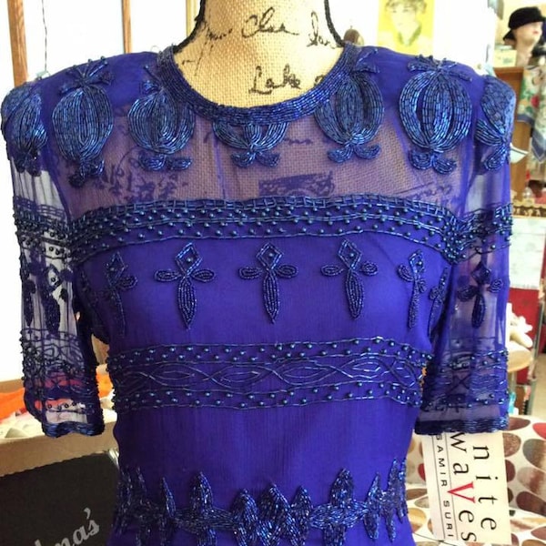 Vintage 1980s Dress Deadstock With Original Tags BLUE Beaded Sequin Handwoven Pure Silk Yarn Nite Waves By Samir Suri Inc Label