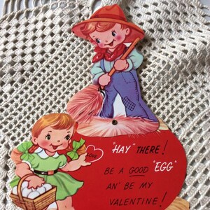 Vintage 1950s Valentine Mechanic Card Little Farmer Boy & Girl Collecting Chicken Eggs Collectible Paper Ephemera Art Craft Scrap Booking