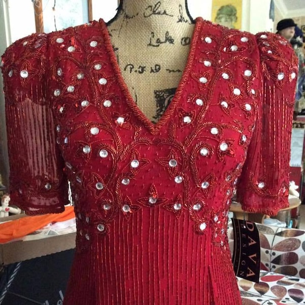 Vintage 1980s Dress Deadstock With Original Tags RED Beaded Sequin Handwoven Pure Silk Yarn Dava Design Nite Waves By Samir Suri Inc Label