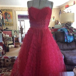 Vintage 1950s Dress TRUE RED Tulle Satin Silver Color Glitter Cupcake Style Prom Graduation Valentines Day Wedding image 1