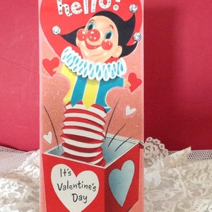 Vintage 1950S Valentine Pop Up Card Jack en la caja se pliega abierto rosa brillo coleccionable papel Ephemera arte artesanía chatarra libros suministros