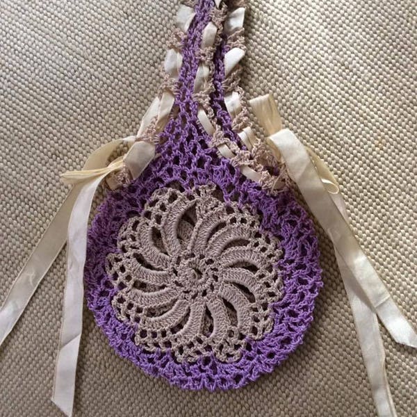 Edwardian Vintage 1920s Handbag Work Bag Purse Handmade Lavender Light Beige Crochet/Tatted/Needlework Loop Handle Style Unlined