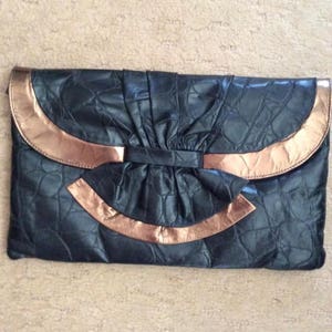 Vintage 1980s Clutch Bag Purse Black & Copper Color Genuine Embossed Leather Fully Lined image 1