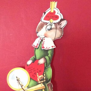Vintage des années 1950 la Saint-Valentin carte mécanique écureuil avec un rouet collection papier éphémères Scrap Booking d’artisanat