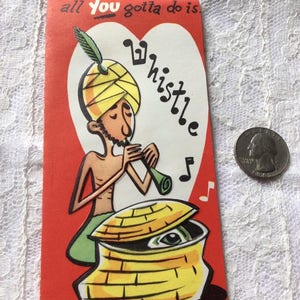 Cartão de dia dos namorados vintage, anos 50, 1960, encantador de cobra, tocando flauta/chifre de cobra em cesta, papel colecionável, coisas efêmeras, arte, artesanato, reserva de sucata