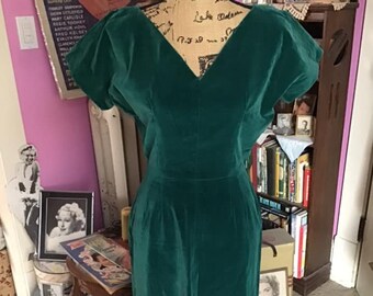 Vintage 1950&#39;s Dress Dark Deep Green Velvet Wiggle Dress Sexy
