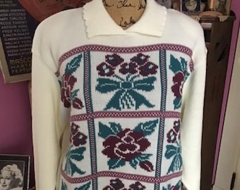 vintage années 1980 1990 Pull pull off blanc avec des fleurs de sarcelle de prune et des arcs *CAPE COD Sportswear*