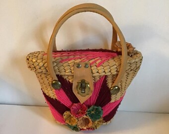 Vintage 1960's Handbag Purse Straw Petite Size Possibly For A Little Girl Adorned With Straw Flowers