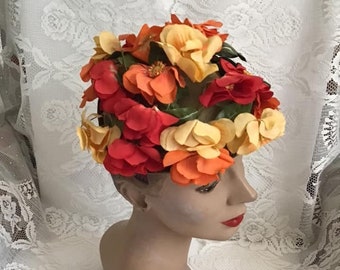 Vintage 1950's 1960's Hat Yellow & Orange Faux Flowers Adorn The Hat *Miss Bette' Smartwear Milwaukee*