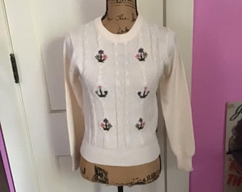 Vintage 1980's Sweater Pullover Jumper *Just Arrived* Off White With Flowers 100% Acrylic Tagged Size S/Small