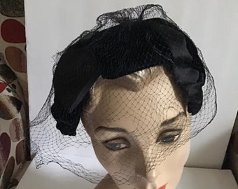 Vintage 1950's Hat Dark Black Velvet And Satin Hat With Veiling The Veiling Has Condition Issues And Sold As Is!