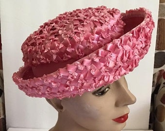 Vintage 1960's Hat Pretty Pink Cellophane Straw Woven Hat