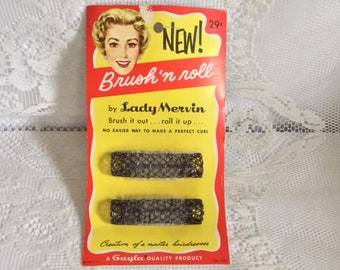 Vintage 1950's Hair Rollers/Curlers Deadstock On Original Card (Dated 1958) By Lady Mervin Set Of 2 Curlers/Rollers