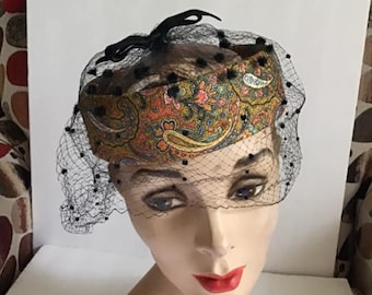 Vintage 1960's Hat Pillbox Ringlet Paisley Print With Gold Lurex Black Veiling Beautiful Autumn Colors