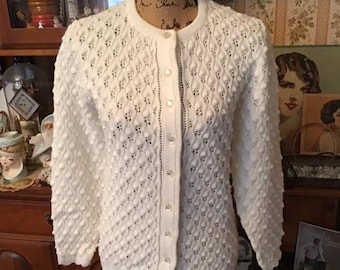 Vintage 1960's Sweater Button Down Cardigan White *Sherry Gale* 100% Acrylic