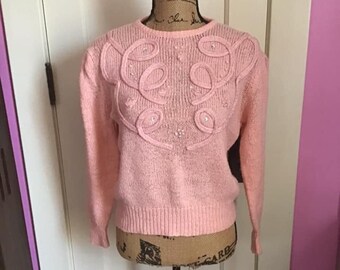 Vintage 1980's Sweater Pullover Light Pink Acrylic Nylon *Charlotte VanHorne* Tag Reads Size Medium