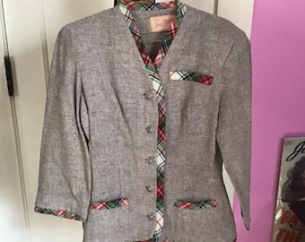 Kurtka-marynarka z lat 30. XX wieku *Oryginalna Joan Miller Juniors* Wełna z czerwoną kratą Rozmiar S/Petite