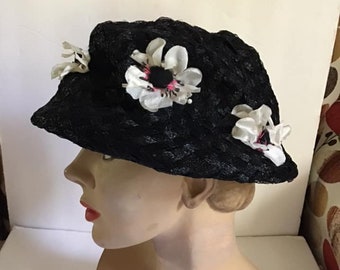 Vintage 1950's 1960's Hat Black Cellophane Straw With Flowers *Mr. Don French Room Millinery*