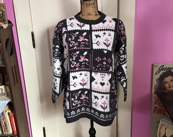 Vintage 1980's Sweater Pullover Gray/Pink/White Acrylic Flowers Hearts Pattern