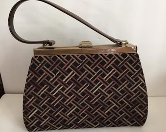 Vintage 1960 Handbag Purse Fabric e vinyl Brown Toni con nero