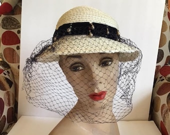 Vintage 1950's Hat Ladies Straw Hat Off White W/Dark Blue Velvet Band And Veiling Sold As Is!