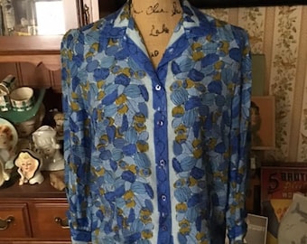 Vintage 1950's 1960's Blouse *Vera* All Silk Blue And Green Long Sleeve *Vera Neumann Designer*