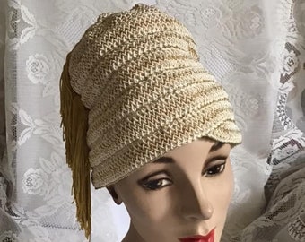 Vintage 1960's Hat Turban Style Handmade/Homemade White With Sparkly Gold Color And Fringe Adorning The Side