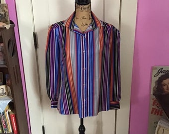 Vintage 1970's Blusa Top Multi-Color Raya manga larga sedosa poliéster sedoso