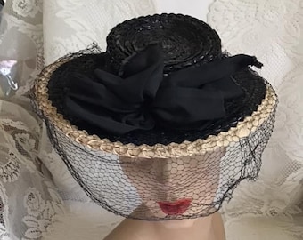 Vintage 1940's Hat Black And Cream Straw Hat With Veiling Art Deco *New York Creation* Consumers Protection Label