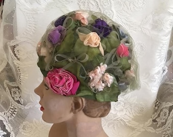 Vintage 1960's Hat Handmade/Homemade With Velvet Roses Green Tulle *Specially Hand Made By Smalene*