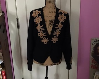 Vintage 1990's Y2K Sweater/Jumper Cardigan *JOYE + Fun* Lambswool Angora Nylon Dark Black With Shiny Gold COLOR Beads Tagged Size Large