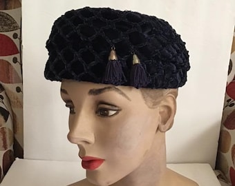 Vintage 1950's 1960's Hat Pillbox Style With Tassels Dark Blue Velvet And Chenille *Junior Bee* Label